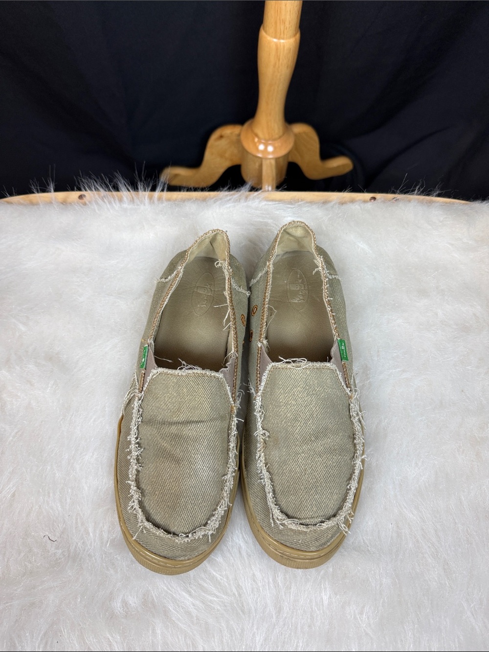 Sanuk Olive Green Frayed Canvas Slip-Ons